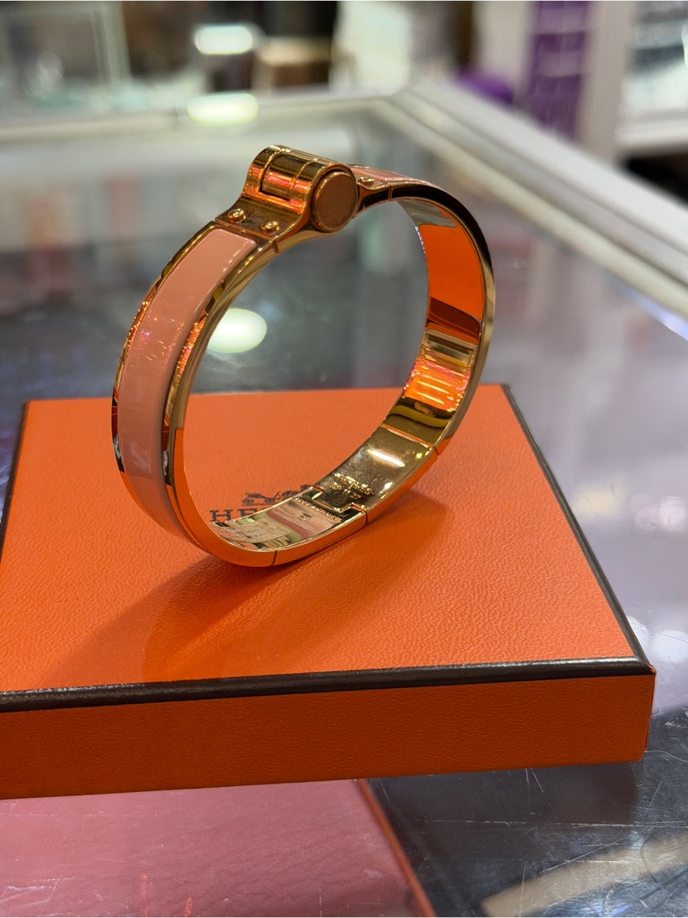 Hermes Gold-Tone Bangle with Light Pink Enamel